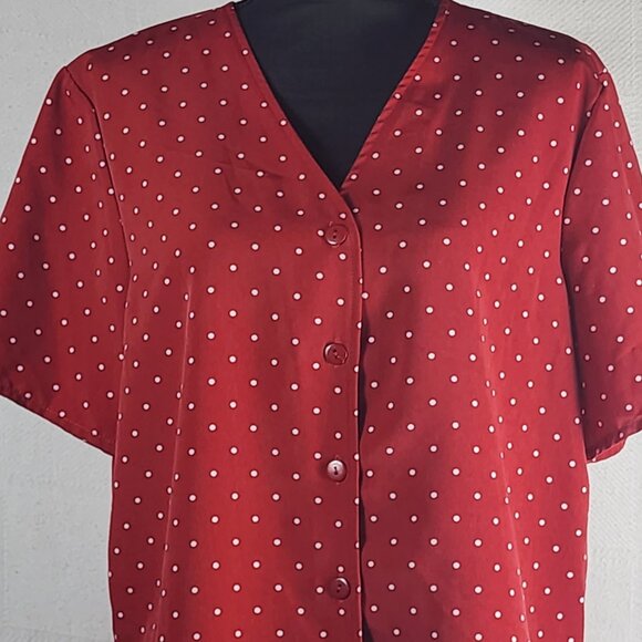 Kathie Lee Collection Vtg Brick Red White Polka Dot Poly Button Up SS Top Sz XL - Picture 2 of 16